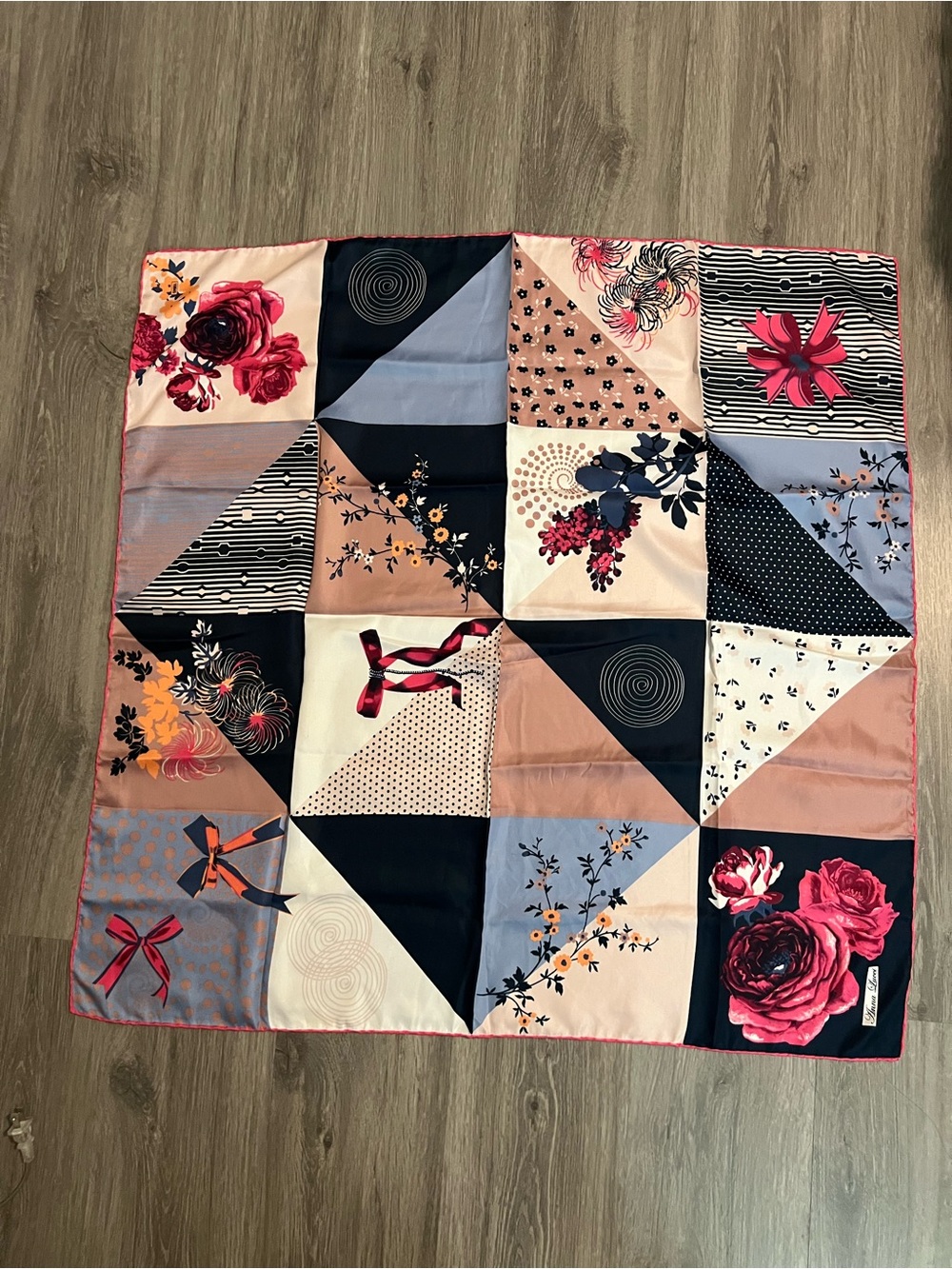 Floral Patchwork Silk Scarf - Pink, Navy & Cream